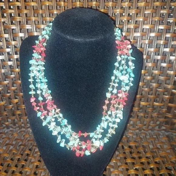 5 strand red coral? and turquoise? necklace 17" - 21" With Extention - Picture 2 of 7